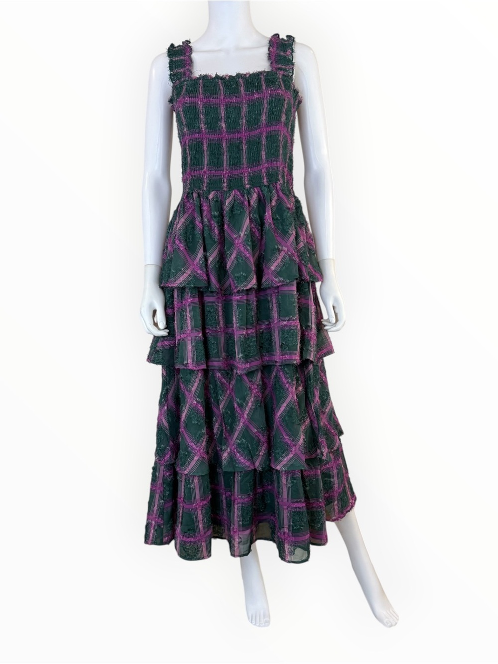 Aureum Green Plaid Smocked Tiered Maxi Dress Size L N1059